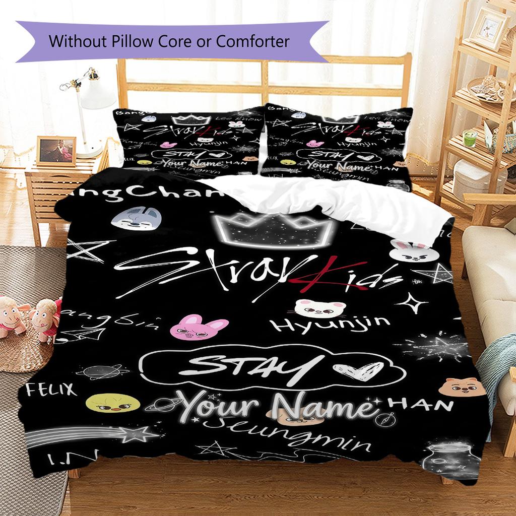 Custom Name Stray Kids Fan Art Bedding,Quilt Set Quilt Cover Pillowcase Home Birthday Gift (1 * duvet cover + 2 * pillowcase, without core)