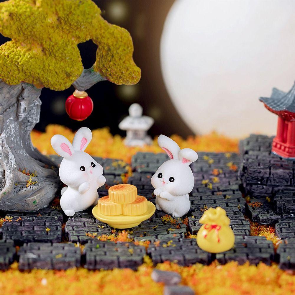 Handmade Rabbit Figurines Micro Landscape Moon Cake Model Cute Bunny Ornaments  Outdoor