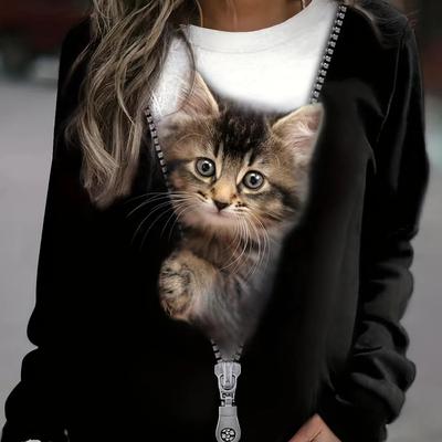 Hanorac Plus Size Casual Femei Plus Size 3D Cat Print Pulover Maneca Lunga Decolteu