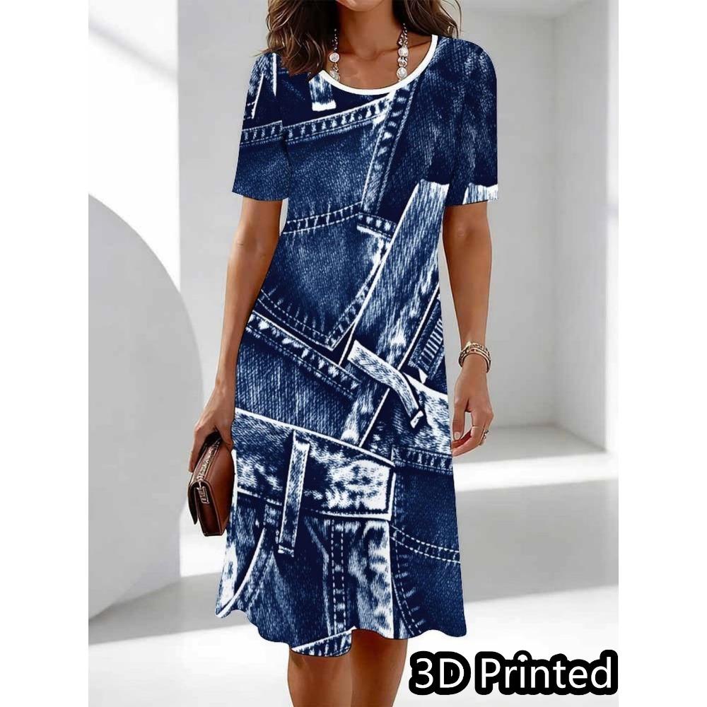 Big Size S-6XL Women's Printed Dress Summer Short Sleeve Round Neck Casual Mini Dress