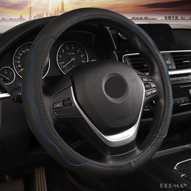 DERMAY 36cm 38cm 40cm 42cm Car Steering Wheel Covers PU Leather Blue line for Car Bus Truck Customized Large/Small Size