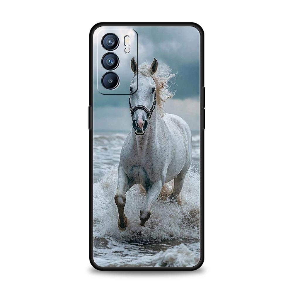 Black White Horses Galloping Case For Oppo Reno13 Reno12 Reno11 F Reno10 Pro A54 5G Find X5 A53 A52 A9 A17 4G A79 A80 A98 Cover
