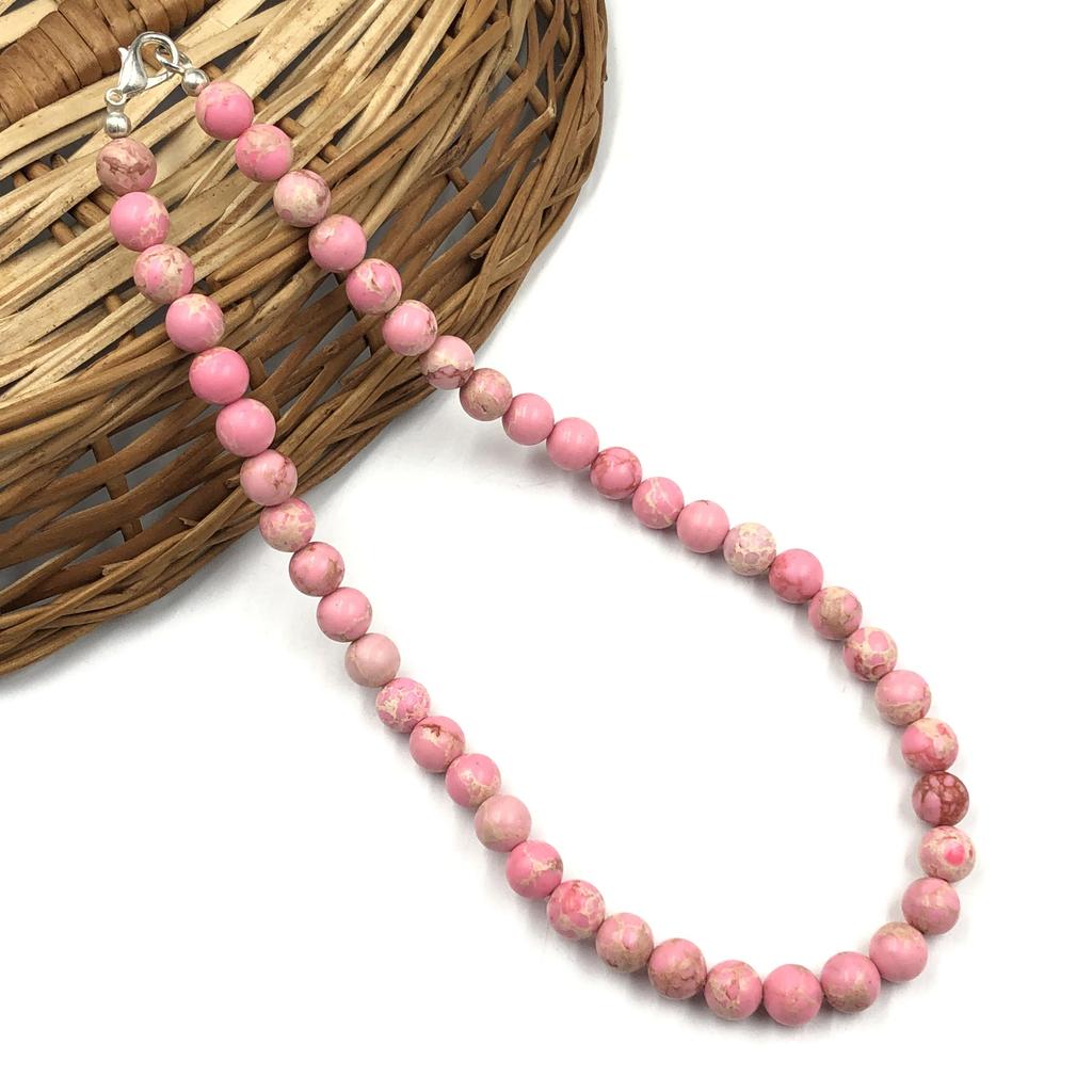 8mm Natural Pink Copper Turquoise Gemstone Round Beads Jewelry Handmade Minimalist Bead Necklace 17-20" For Gift 8BN-71