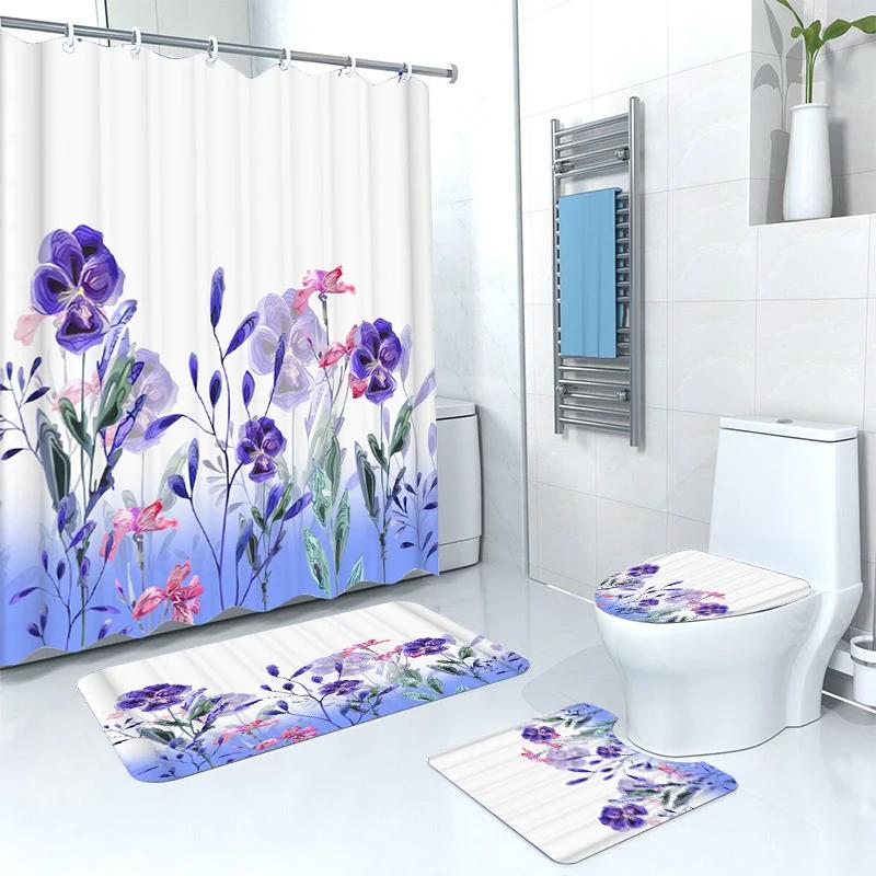 Modern Style Flower Durable Waterproof Shower Curtain Set Toilet Seat Cover Bath Nonslip Mat Rug Carpet Bathroom Decor Washable