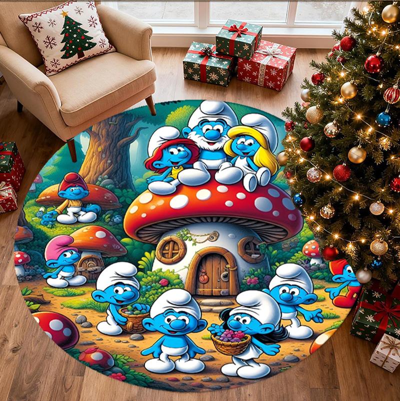 Blue Smurfs Pattern Round Rug, Indoor/Outdoor Mat, for Picnic, Gameroom, Bedroom, Office, Living Room, Home Decor Carpet, Birthday Gift