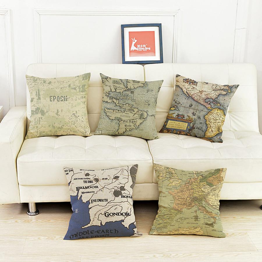 Vintage Ocean Map Pattern Cushion Cover Retro World Nautical Maps Cotton Linen Sofa Decoration Throw Pillow Case Cojines