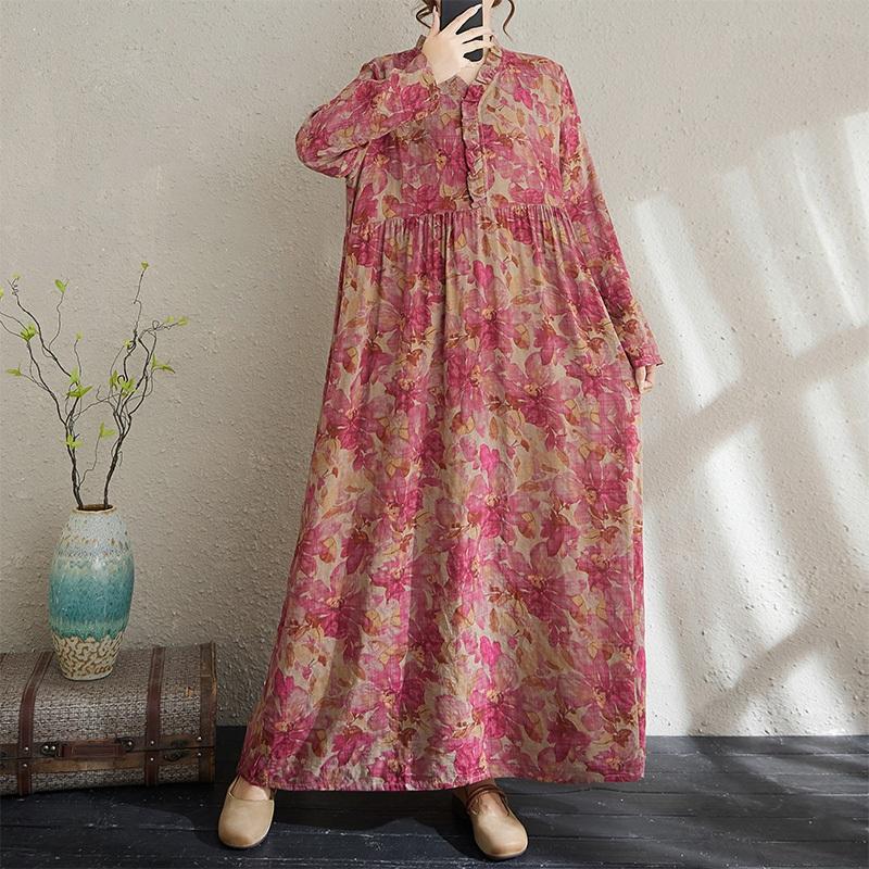 Long Sleeve Plus Size Cotton Vintage Floral New In Dresses for Women Casual Loose Spring Autumn Dress