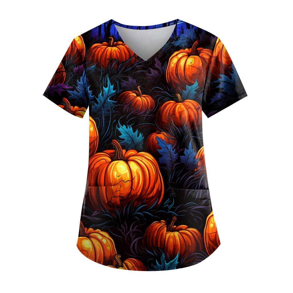 Plus Size Halloween Printed Working Uniform Tops For Women V-Neck Short Sleeve T-Shirts Workwear Tee With Pockets
