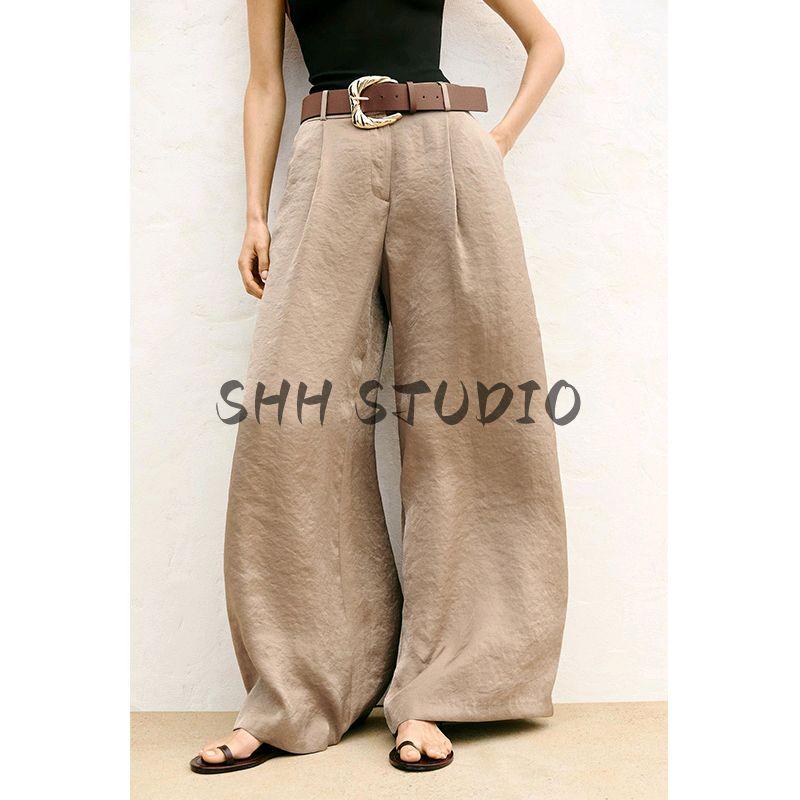 Summer Women's Pleated Decoration High Waist Vertical Matching Belt Silk Satin Texture Wide-Leg Casual Pants 3533556