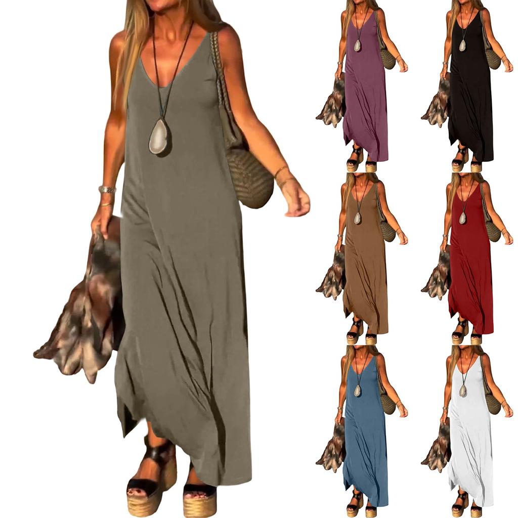 Women's Fashion Sleeveless Straps V-Neck Casual Long Dresses