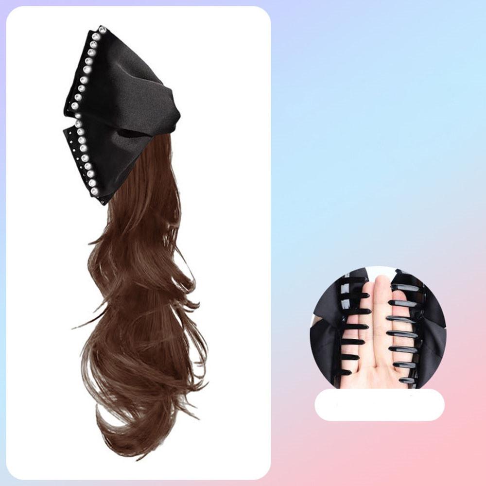 Synthetic Wig Elegant Women Pearl Black Bow Clip Curly Wig Natural Wavy Fake Ponytail Grabber Extension