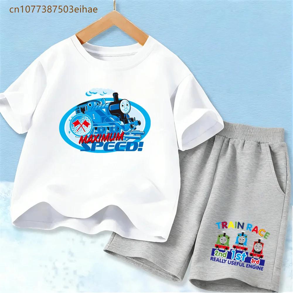 Kids Thomas Train Head Cartoon Summer Set Soft Polyester Short Sleeve T-shirt Match Breathable Shorts 2Pcs Casual Comfortable