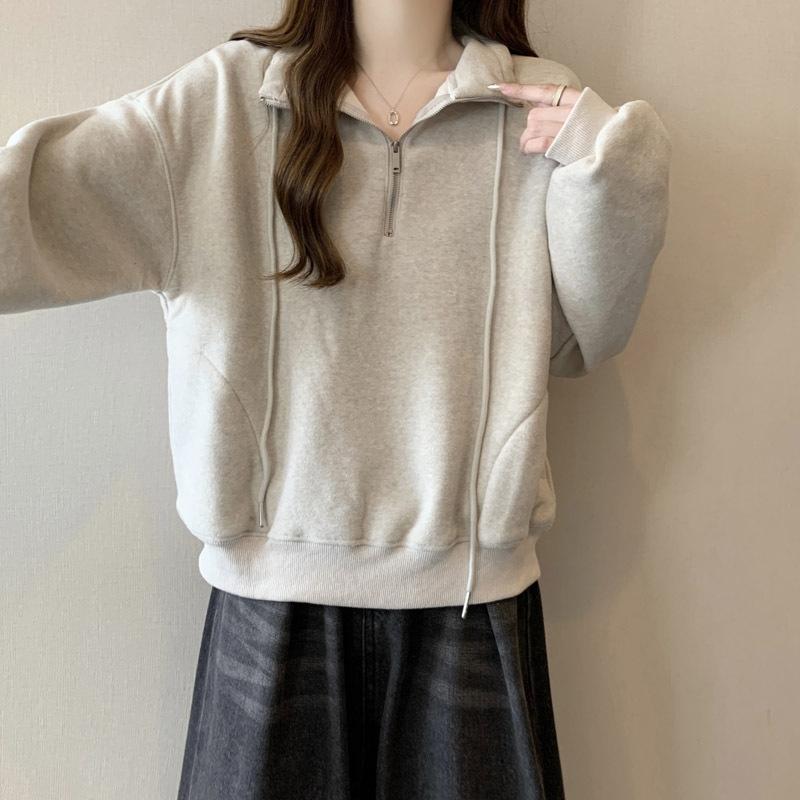 Women Solid Color Loose Half Zip Stand Collar Cropped Thin Casual Sweatshirt