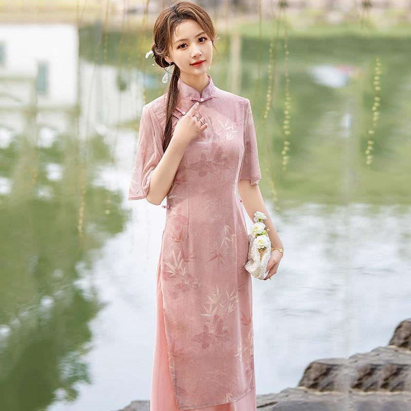 Pink Modern Cheongsam Dress Womens Long Sleeveless Stand Collar Wearable Vintage Style Chiffon Midi Medium