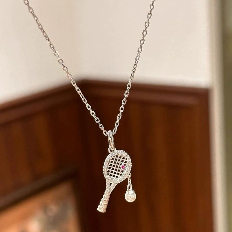 

Shining Rhinestone Racquet Pendant Necklace for Women Exquisite Pink Zircon Pearl Chain Necklace Luxury Statement Jewelry Gifts