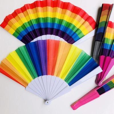 Handkurbel-Ventilator aus Kunststoff, faltbar, orientalischer Stil, Regenbogenfarben, Seidenstoff, Taschenventilatoren, Basteln, Party, Persönlichkeit, Tanz, Dekoration, Zuhause