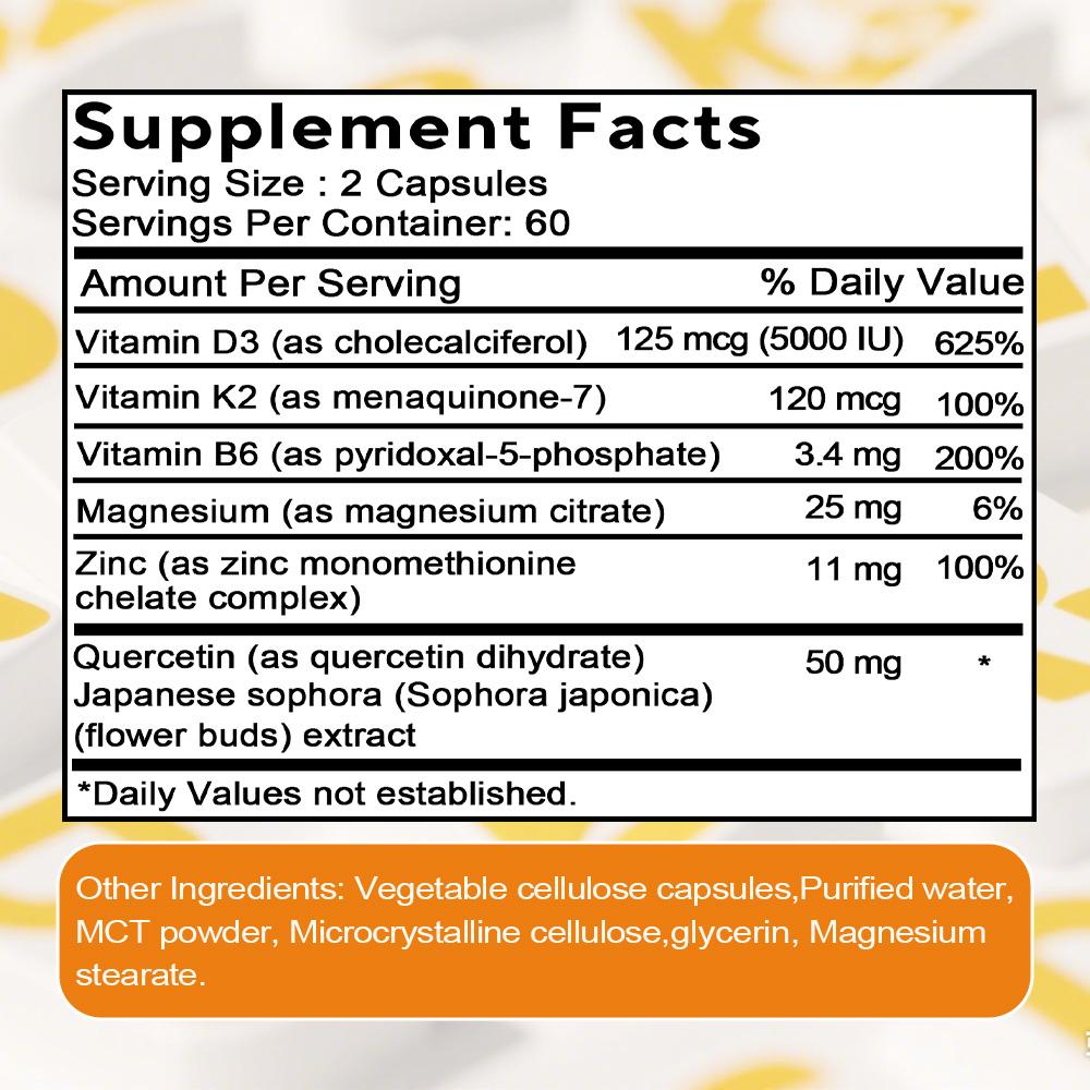 Vitamina D3 e K2 5000 UI Supporto per la salute muscolare Vegetariano Alta intensità 120 capsule molli