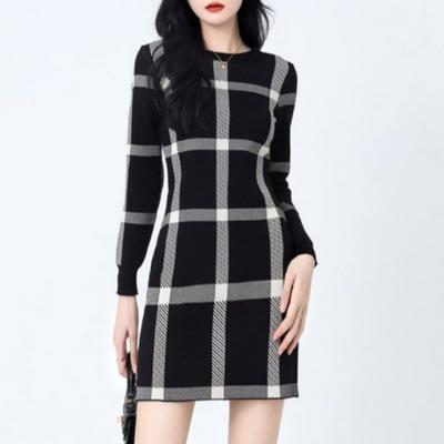 Modă Femei Toamnă Iarnă Imprimeu Carouri Mânecă Lungă Gât O Rochii Casual Slim