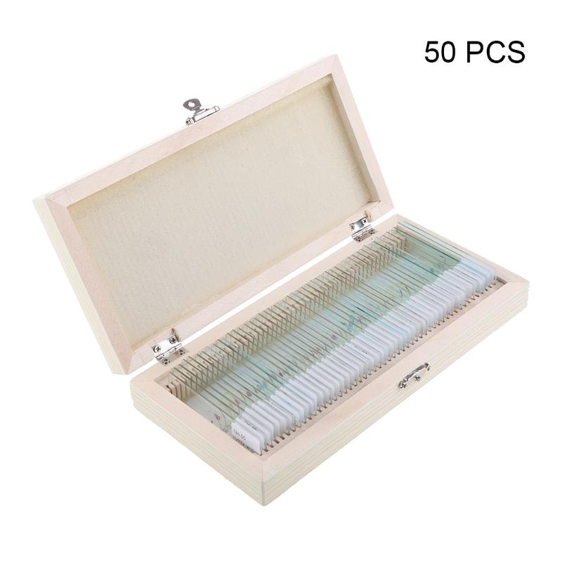 25/50/100 Pcs Prepared Premade Microscope Slides Set Basic Biological Science Education with Wooden for Case