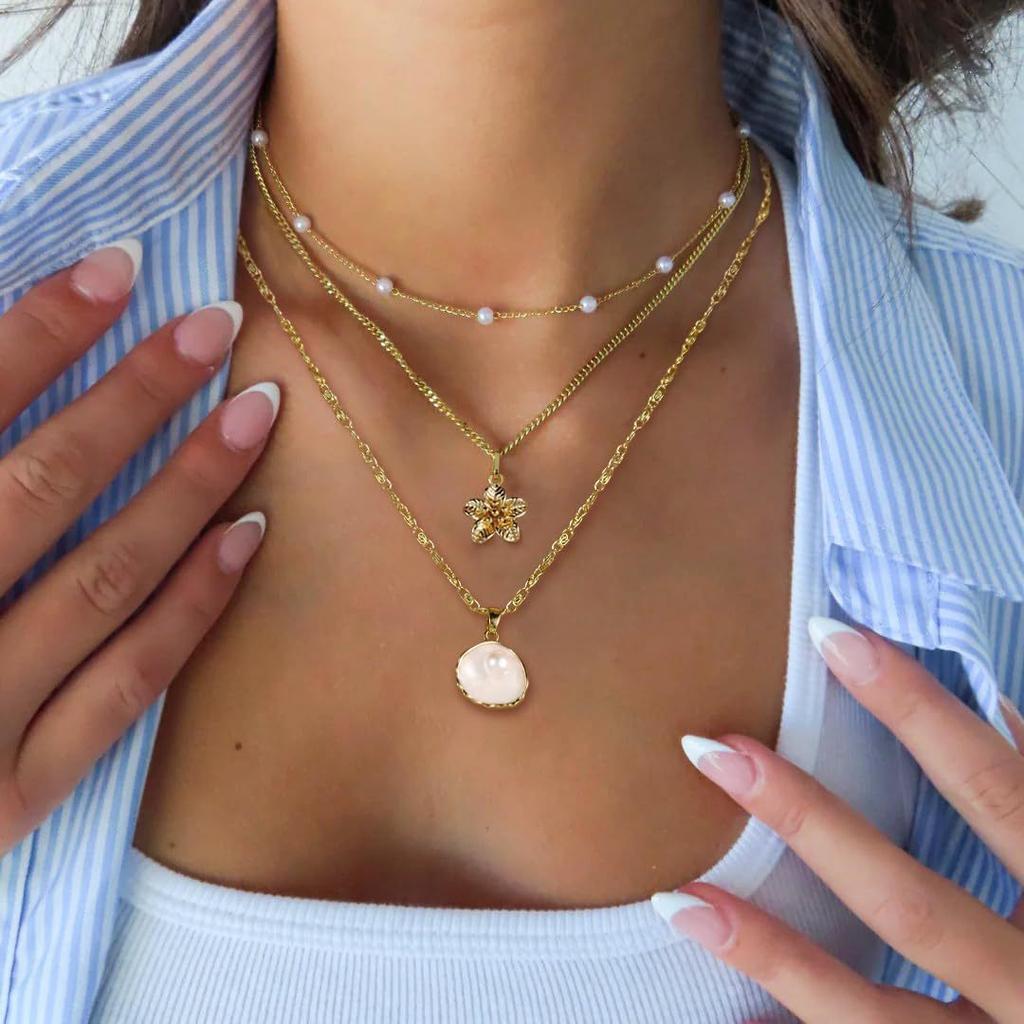 17KM 3pcs Set Minimalist Elegant Seashell Flower Faux Pearl Necklace For Women Summer Beach Dating Party Daily Wear Jewelry Gifts