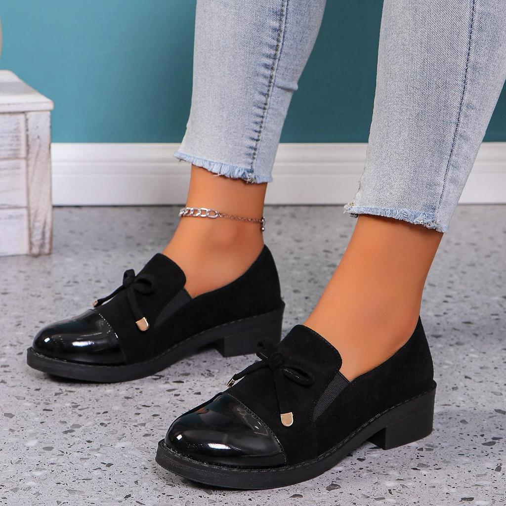 Women's 2026 Fashion Flat Shoes, Spring/Autumn Work Chunky Heel Bowknot, Plus Size, European & American Style.