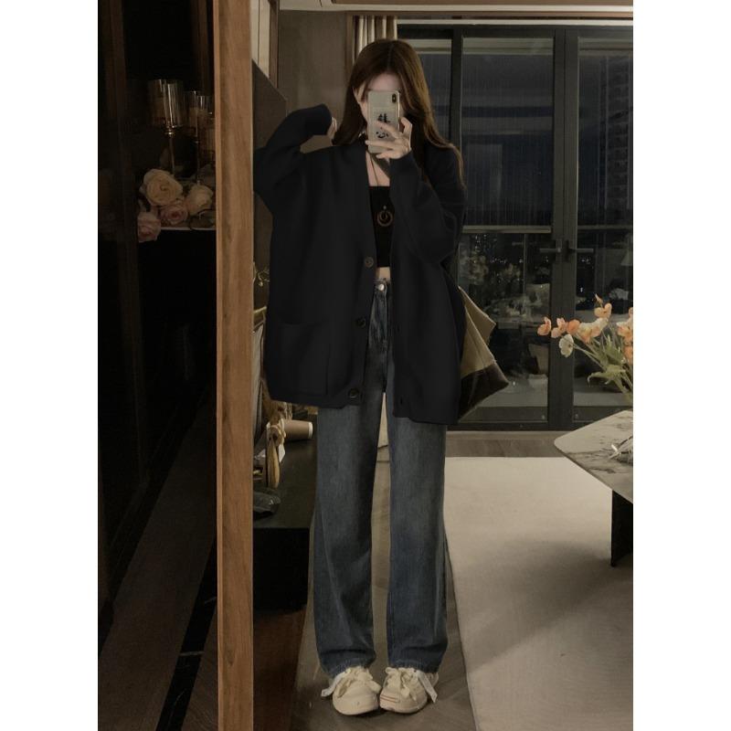 Weicher wachsartiger lässiger Windpullover Cardigan Damen Frühling und Herbst neu hochwertig V-Ausschnitt dünner Strickmantel