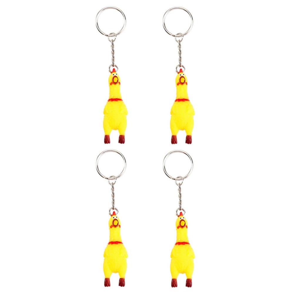 Set of 4 Screaming Surprise Chicken Keychains Miniature Stress Reliever Keyrings Perfect for Cell Phones and Bags - -