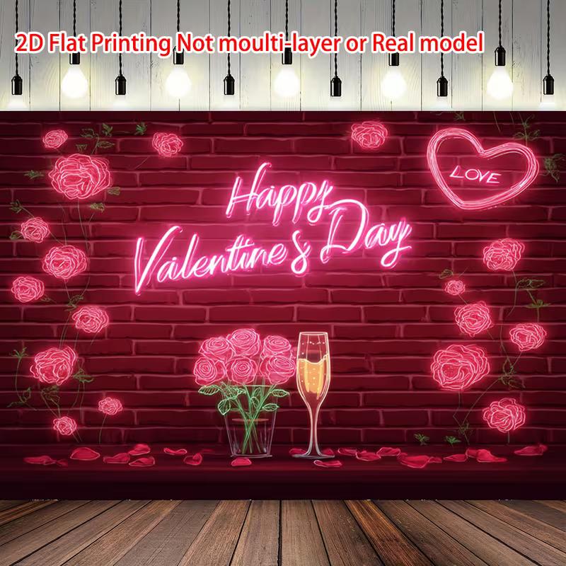 2D Valentine s Photo Backdrop Happy Valentine s Day with Neon Text, Roses and Brick Wall 47.2x31.5inch/120*80cm