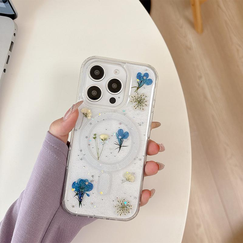 Magnetic Magsafe Phone Case for IPhone 17 Promax Flower Glitter for Apple 16 Wireless Charging 14