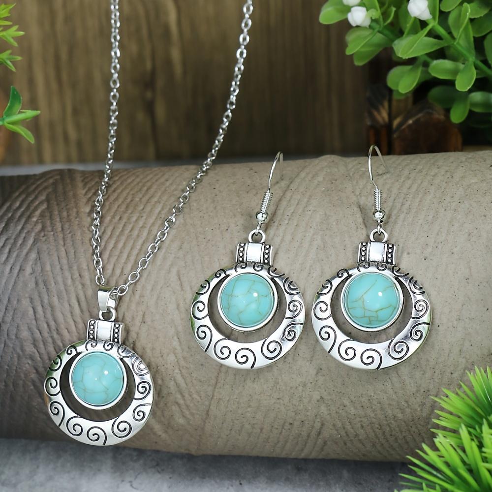 Vintage Jewelry Set with Engraved Patterns On the Metal Surface, Inlaid with Synthetic Turquoise, Suitable for Daily Wear and Party Accessories for