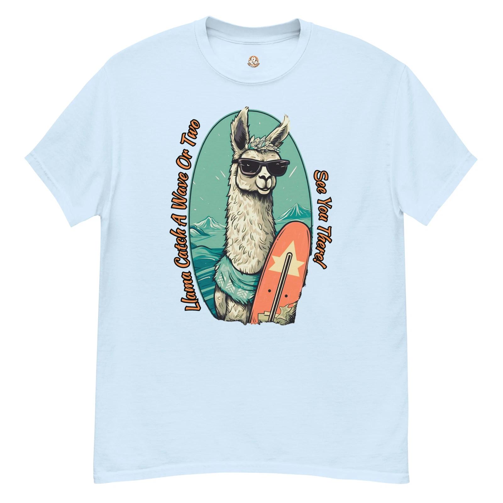 Live With Laughter Novelty Graphic T-Shirt - Llama Catch A Wave (Light Blue) 3XL