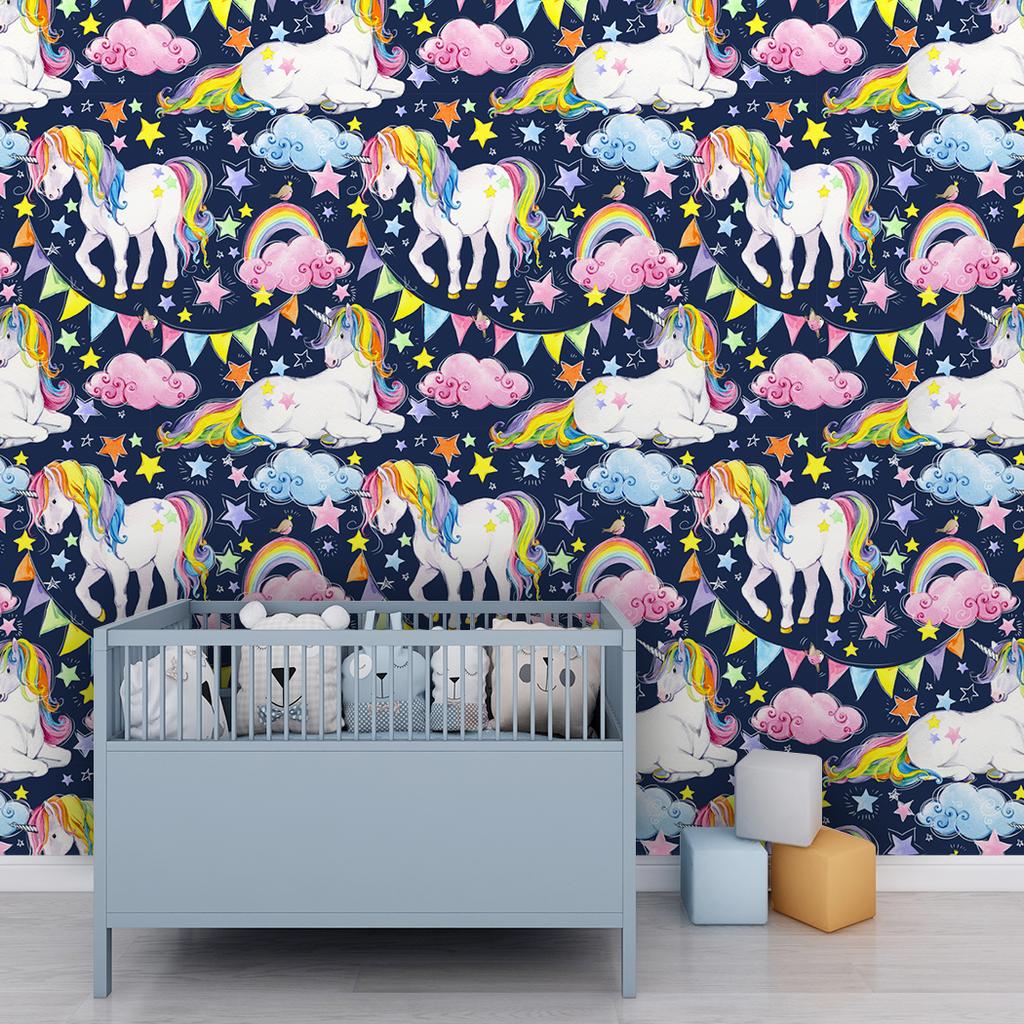 Cartoon Unicorn Rainbow Cloud Peel And Stick Wallpapers Self Adhesive Boys Kids Bedroom Decor Mural Pink/Blue