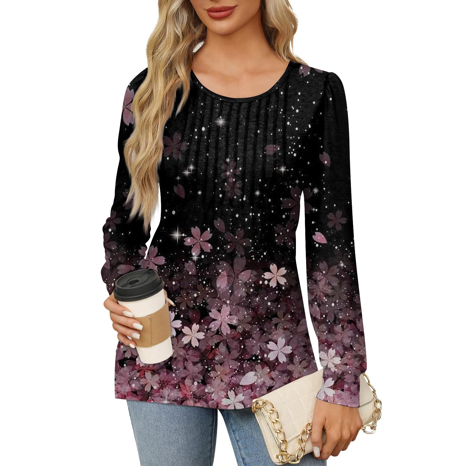 

Женская повседневная плиссированная футболка с круглым вырезом и длинными рукавами с принтом L чёрный