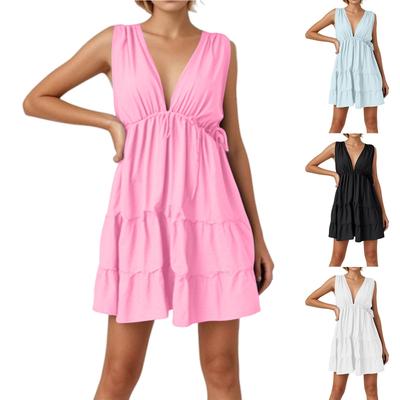 Women's Sleeveless Short Dress Front And Back V-neck Waist Tie Dresses