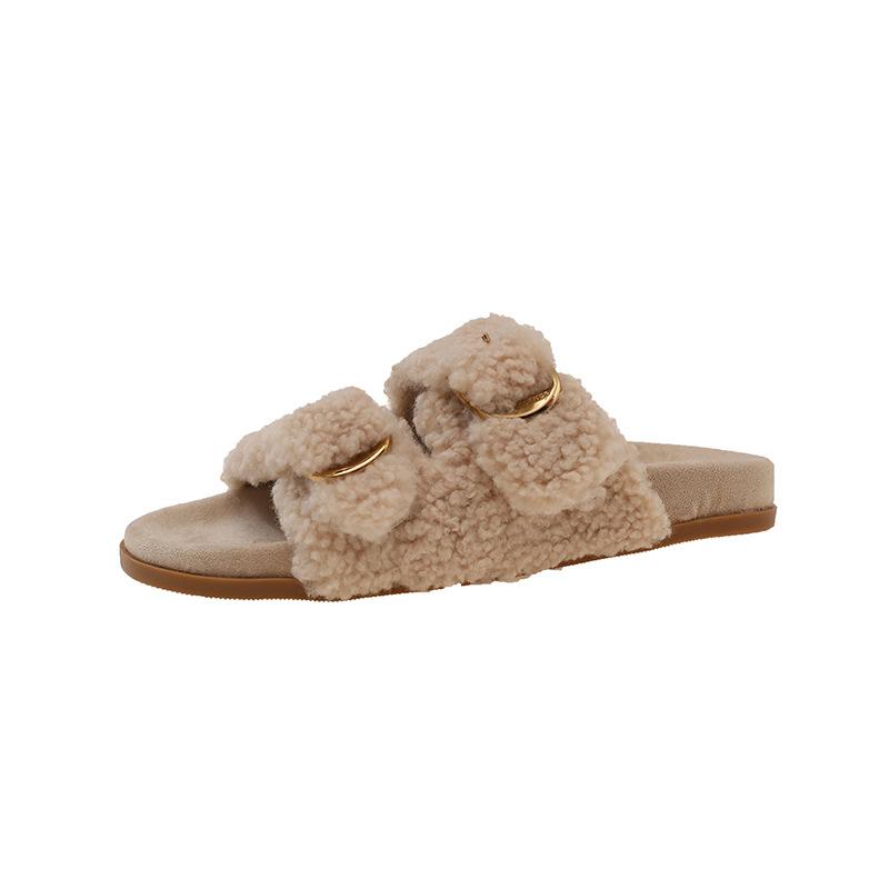 Muffin thick bottom one word fluffy slippers women wear 2025 autumn and winter new Internet celebrity fairy wind heightened plush half drag