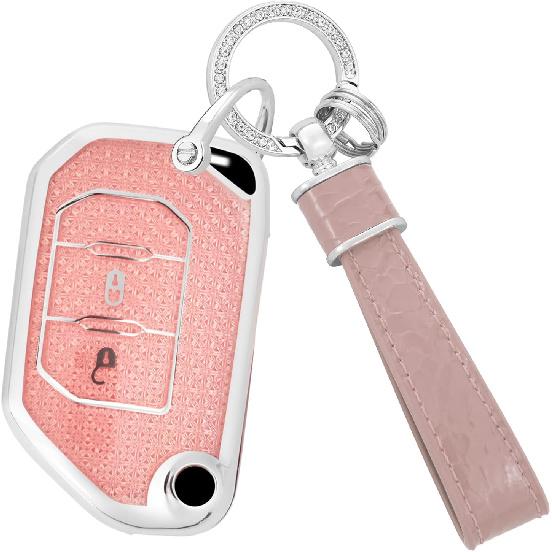 

Soft TPU Diamond Texture Key Fob Cover Compatible with Jeep Wrangler JL JLU Rubicon Wagoneer Gladiator JT Sahara JLU Intelligent Auto Key fob Cover 2 Buttons A-Pink