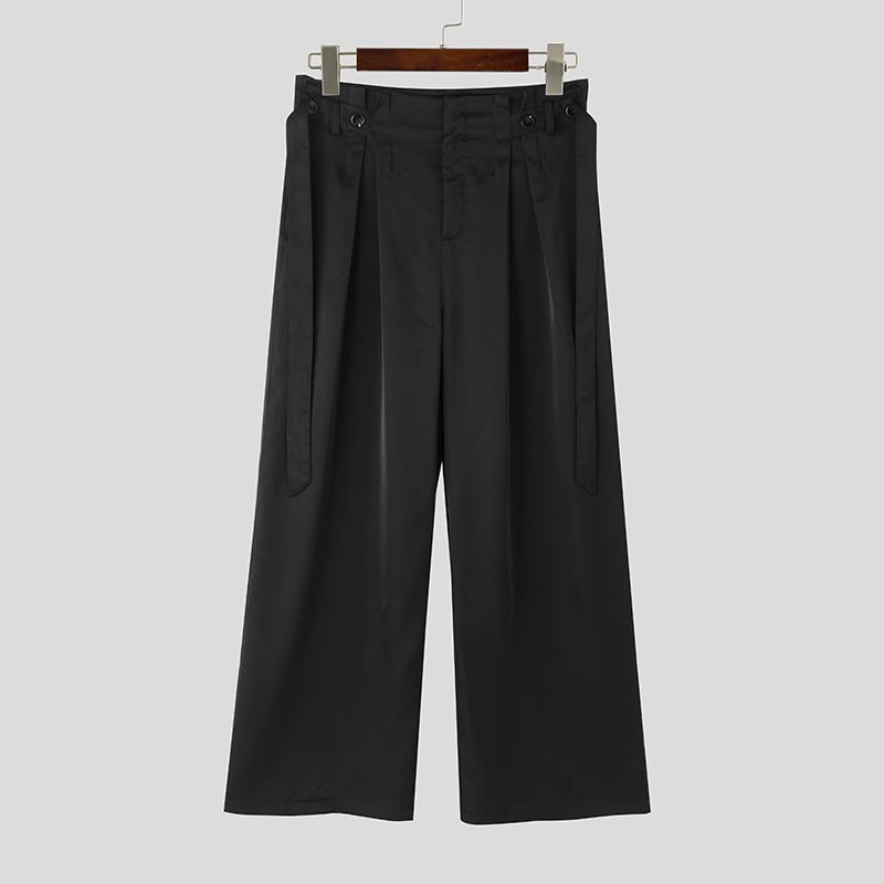 

INCERUN Men Zipper High Waist Belt Casual Loose Long Wide Legs Pants Trousers 4XL чёрный