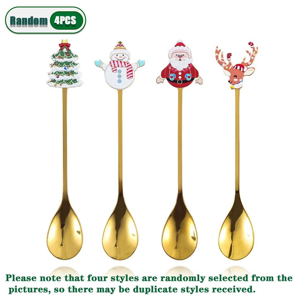 

4PCS Christmas Fruit Fork Stirring Spoon Kitchen Supplies Coffee Dessert Spoons New Year Tableware Santa Xmas Gifts Decorations