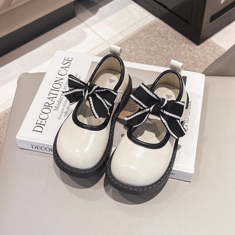 2024 New Girls Leather Shoes Simple Non-slip Bow Round-toe Versatile Soft Elegant Korean Style Kids Princess Loafers Soft Spring