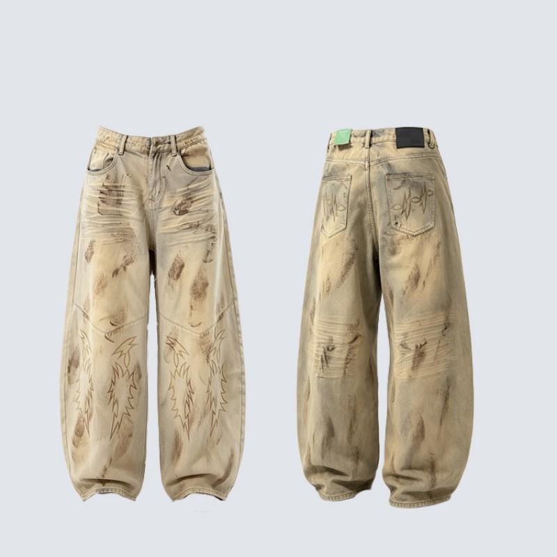 Mens Distressed Baggy Jeans Washed Frayed Denim Pants Streetwear Loose Fit Trousers