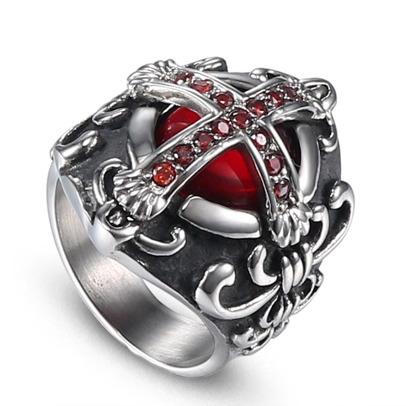 2026 European and American Domineering Retro Ring, Personalized Men s Titanium Steel Cross with Ruby Ring 7