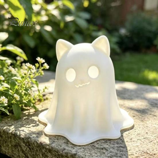 Halloween Ghost Cat Decoration 3D Printed Candle Holder, Spooky Figurine Statue for Table with Warm Light Tabletop Home Party Pla Ornament