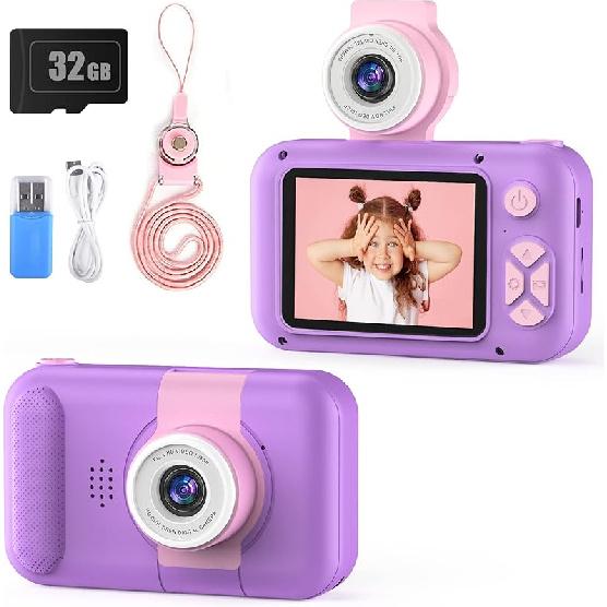 Upgraded Real 1080P Kids Camera with Flip-up Lens for Selfie & Video, 32GB SD Card Included, 2.4" Screen Camera Toy for 4-12 Years Old Girls Boys on