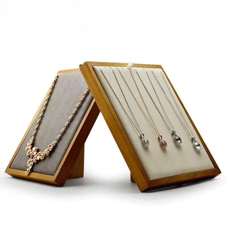 Solid Wood Necklace Display Stand Microfiber Leather Jewelry Organizer Pendant Holder