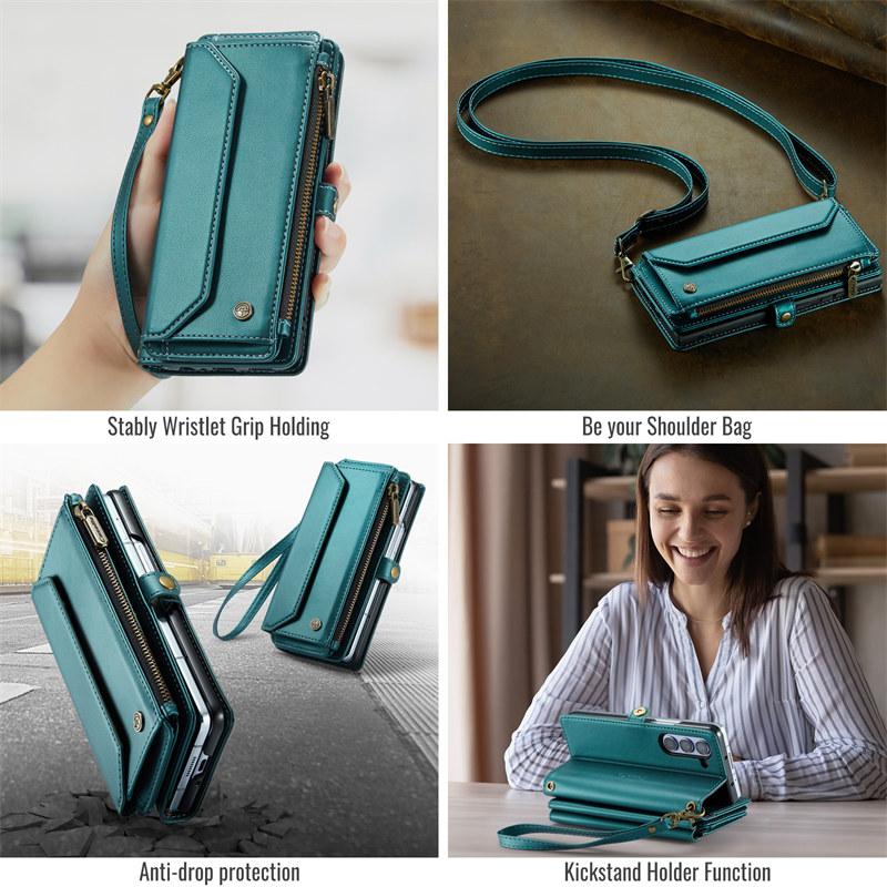 CaseMe Flip Leather Phone Case for Samsung Galaxy Z Fold 7 5G 6 5 4 3 S26 Ultra S25 Edge S24 FE S23 S22 S21 S20 Plus Note 20 Zipper Wallet Card Cover