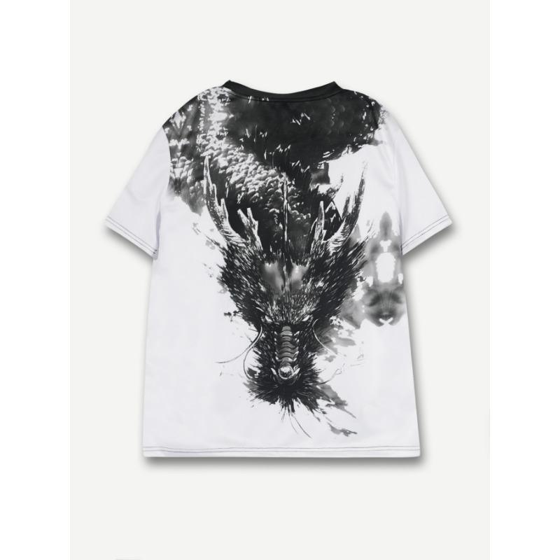 2025New Chinese Elements Chinese Dragon Print Men Street Fashion Wear Round Neck Short Sleeve T-shirt Casual Wear Top Size S-3XL