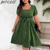 Plus Size Women's Elegant Vintage Polka Dot Waist-Tied Square Neckline Full-Skirt Dress