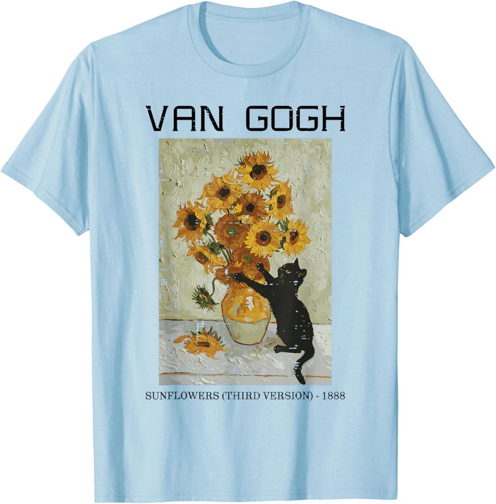 Van Gogh Sunflowers Cat Black Cat Art Graphic Tee Casual Short Sleeve TShirt for Men Women