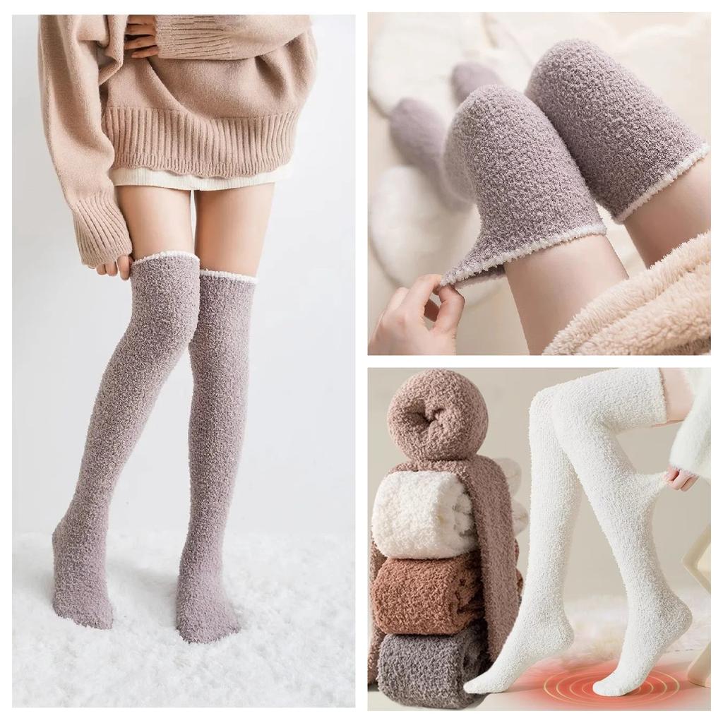 Over-knee High Socks Winter Warm Coral Fleece for Women Plush Home Sleep Floor Long Socking Jk Solid Soft Thigh High Fun Sock