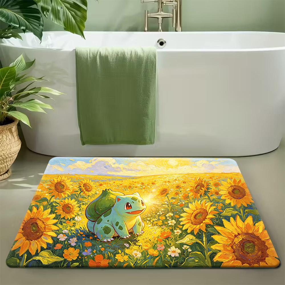 Cute Pikachu & Egg Character Cherry Blossom Print Doormat Non-Slip Floor Mat for Home Decor